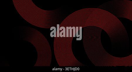 Vibrant dark background with intricate red lines forming abstract circular patterns, radiating modern energy and a dynamic, contemporary aesthetic. Stock Vector