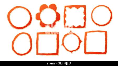 Set of orange hand drawn frames and borders in different round and square shapes isolated on white background, useful for scrapbook, labels, cards Stock Vector