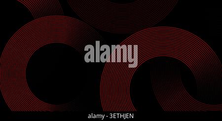 Abstract dark background features dynamic red glowing lines forming modern circular patterns, casting subtle shadows for a sleek, contemporary design Stock Vector