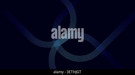 Dark blue professional template featuring groups of parallel thin lines forming sharp corners and circular arcs representing routes pathways or organi Stock Vector