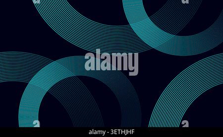 Vibrant yellow circular lines forming hypnotic tunnel effect, deep navy blue backdrop with radial light, golden glowing spheres creating depth and per Stock Vector