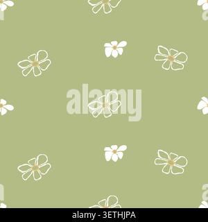 Seamless Botanical Pattern with Hand Drawn White Outlines Grove Flower on Light Green Background. Contemporary Minimalist Vector Square Illustration Stock Vector