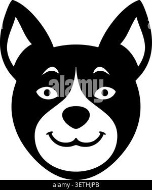 Flat illustration of a black and white dog face with upright ears a white muzzle and a cheerful smile Stock Vector