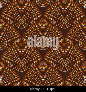 Seamless geometric vector pattern with concentric circular arches, dotted lines and tribal inspired motifs in brown, orange and gold tones. Stock Vector