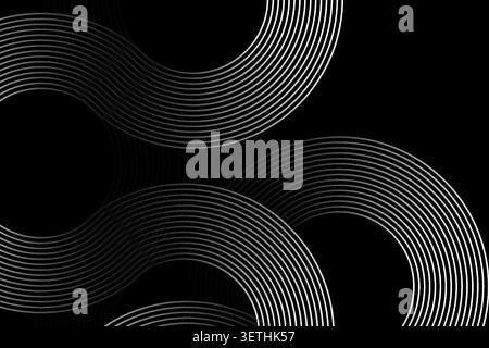 Abstract composition with overlapping white curved lines forming circular motifs on a black canvas, layered shapes, smooth visual flow Stock Vector