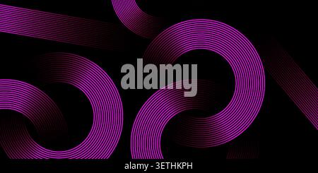Abstract background featuring intertwined glowing purple lines that create circles and various dynamic patterns, against a dark backdrop. Stock Vector