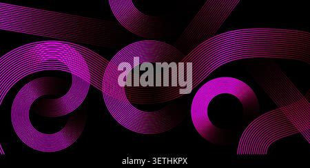 Abstract composition with moving wave lines and intertwining circular forms, featuring vibrant purple hues against a dark background, creating dynamic Stock Vector