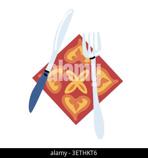 Cartoon Georgian cuisine table set in retro style. Fork and knife with napkin with georgian ornament. Flat vector illustration. Stock Vector