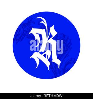 Gothic letter K or R monogram on a blue circular background with floral patterns. Vintage black letter vector logo for tattoo art, apparel branding, m Stock Vector