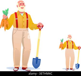 Senior gardener with fresh carrots, cartoon character set. Vector illustration focusing on healthy organic food, local farming, diet, harvesting, seni Stock Vector