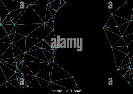 Abstract digital network with blue nodes and white lines. Futuristic technology concept. Geometric pattern on black. Stock Vector
