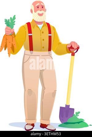 Vector cartoon illustration of a smiling elderly man farmer holding fresh carrots and leaning on a shovel. Perfect for gardening, agriculture, farming Stock Vector