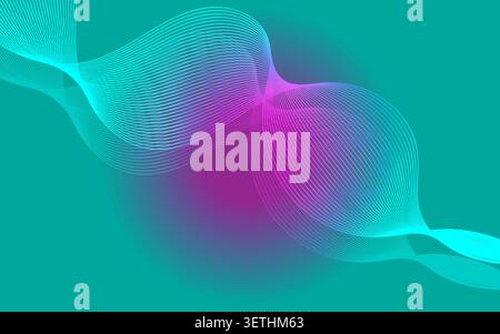 Flowing cyan and pink lines forming waves on a teal gradient background with soft bokeh effect. Modern art. Stock Vector