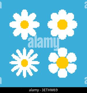 Pixelated daisy flower illustration. Simple pixel art of a white daisy blue background. Stock Vector