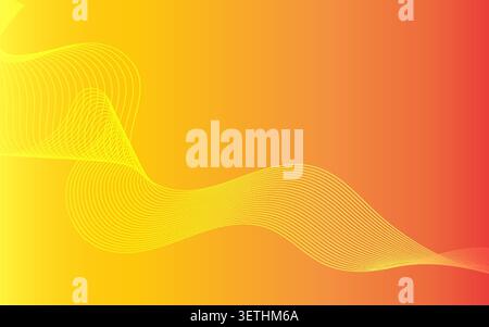 Energetic abstract background showcasing thin golden yellow wavy lines over warm orange sunburst gradient. Perfect for seasonal marketing campaigns, b Stock Vector