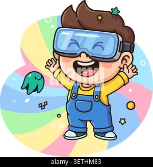 Cute boy wearing VR headset headset vector illustration. Happy kid playing virtual reality video game in cyberspace with rainbow background. Gamer mas Stock Vector