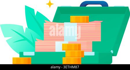 Green business briefcase with money cash stacks and gold coins vector illustration. Commercial flat graphic element for financial, economic and market Stock Vector