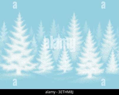 Holiday greeting card. Snowy forest of halftone fir trees. Snowy spruces from dots. Happy New Year . Vector illustrations. Stock Vector
