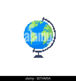 Pixel art globe illustration of Earth. Colorful pixelated Earth design in retro style. Stock Vector