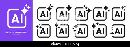 AI sparkle icon set. Artificial intelligence star symbols, magic glitter effects, starburst signs. Square frames symbols ai. Machine learning symbols UI UX and app design simple vector elements Stock Vector