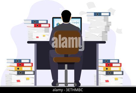 Busy businessman working on computer with pile of papers stock illustration Stock Vector