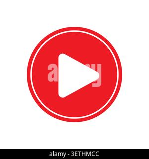 Play button video media red vector icon features circular multimedia player layout. Website music audio interface complements modern cinematic movie a Stock Vector