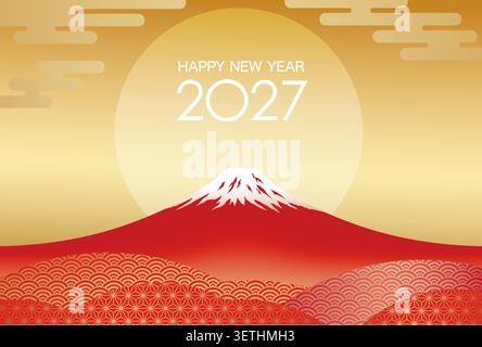 2027 New Year’s Greeting Card Vector Template With Red Mt. Fuji And The Rising Sun On A Gold Background. Stock Vector