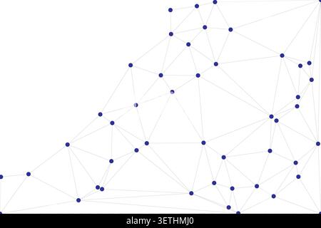 High tech illustration with dark blue circles linked by light gray lines. Modern conceptual art representing blockchain, big data analytics, and neura Stock Vector