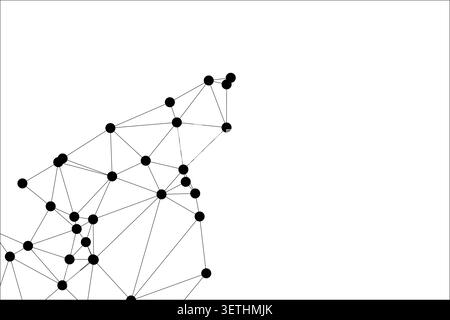Geometric network of black circular nodes connected by straight lines, creating a minimalist digital mesh structure on a white background, representin Stock Vector