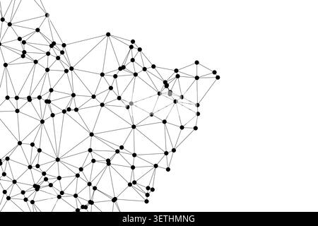 Dense geometric network composed of black circular nodes joined by straight lines, forming an intricate digital mesh structure on a white background, Stock Vector