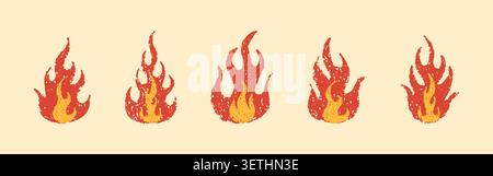 Burning crayon and fire flame. Chalk texture or wax scribble stickers. Y2K vector illustration Stock Vector