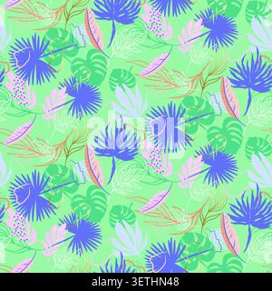 Seamless pattern of green tropical leaves and flowers summer background. Background Vector Stock Vector