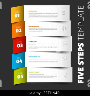 Professional infographic template featuring a five steps process with colorful folded banners. This five steps layout uses infographic visuals for cle Stock Vector