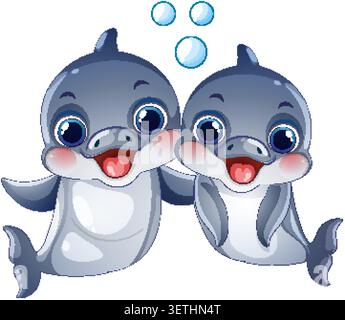 Flat vector illustration of two cheerful young dolphins with bubbles and friendly expressions. Stock Vector