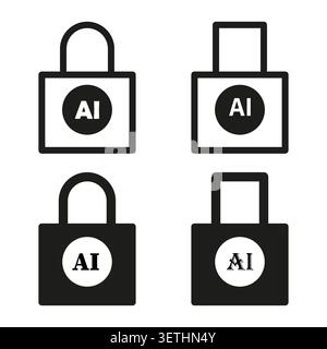 Artificial intelligence security lock and unlock icon set vector. Ideal for cybersecurity concepts and modern technology graphics. EPS 10. Stock Vector
