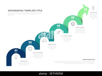 Six steps infographic showing a rising arrow for business progress and growth goals. This step infographic uses an arrow design to illustrate successf Stock Vector