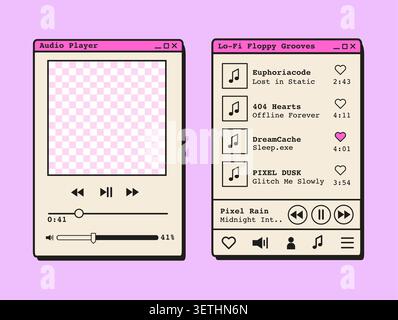 Retro vaporwave-style music player interface with playlist and audio controls in 90s desktop app window. Synthwave aesthetic UI elements and nostalgic Stock Vector