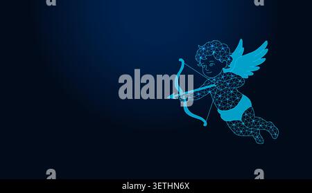 Neon low poly wireframe cupid angel shooting bow and arrow on dark blue background. Stock Vector