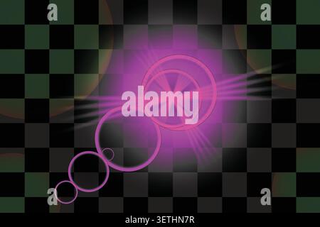 Vibrant pink light rays and geometric circles on a dark grid background Stock Vector