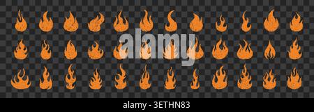 Crayon fire flame. Chalk or pencil texture. Big vector set of different orange wildfires on transparent background Stock Vector