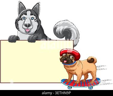 Cartoon Siberian Husky holds empty banner while a pug in helmet rides a skateboard Stock Vector