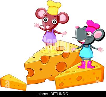 Vector illustration of two mice wearing chef hats and aprons standing on yellow cheese wedges Stock Vector