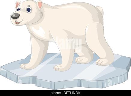 A friendly cartoon polar bear stands on a blue ice floe against a white background Stock Vector
