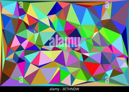 Complex mosaic of interlocking triangles creates a colorful and energetic digital surface. Bold hues of red green blue and pink blend in a contemporar Stock Vector