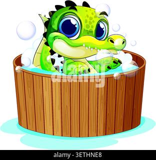 Vector illustration of a smiling baby alligator bathing in a wooden barrel with bubbles. Stock Vector
