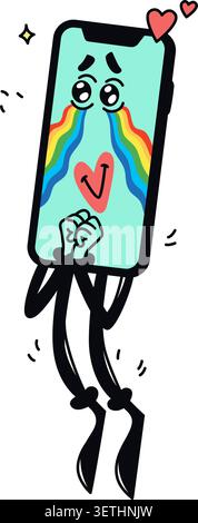 Cute retro rubber hose style vector of a phone mascot feeling loved. Perfect for dating apps, romantic stickers, social media reactions, and Valentine Stock Vector