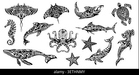 Black maori tribal animal tattoo with vector silhouettes of sea turtle, shark, manta ray and fish with polynesian tribal geometric pattern. Whale, dolphin, stingray, octopus and starfish maori tattoos Stock Vector