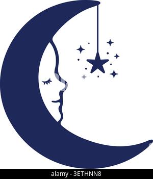 Flat illustration of a crescent moon with a human face and hanging stars in a night sky design Stock Vector