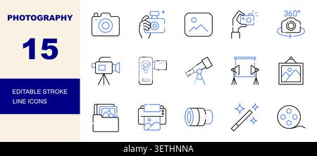Photography, Camera, Photo Studio, Camera Lens, Video Recording Line Icons Set Editable Stroke Vector Illustration Stock Vector
