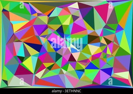 Vibrant mosaic pattern featuring sharp polygons in diverse shades of green blue pink and yellow. Chaotic digital art wallpaper with multifaceted cryst Stock Vector